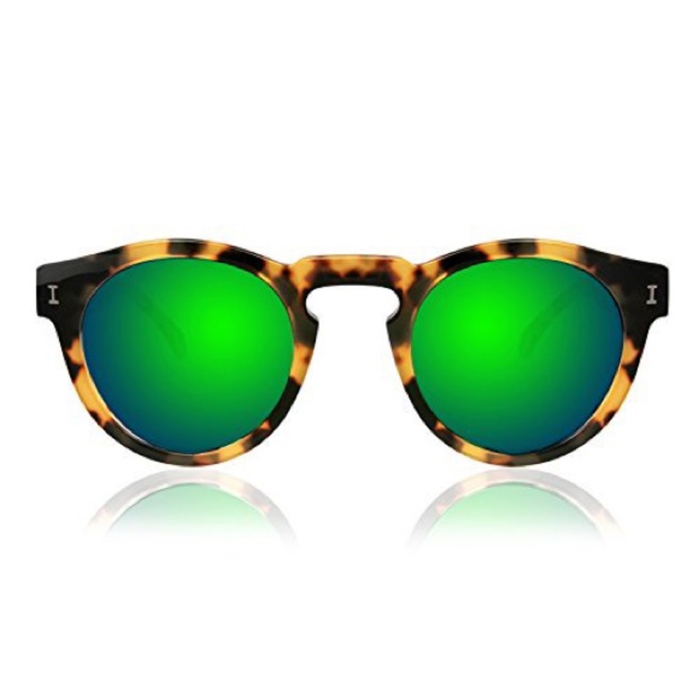 $195 Matte Tortoise Illesteva Leonard Sunglasses with Mirror Green Lens
